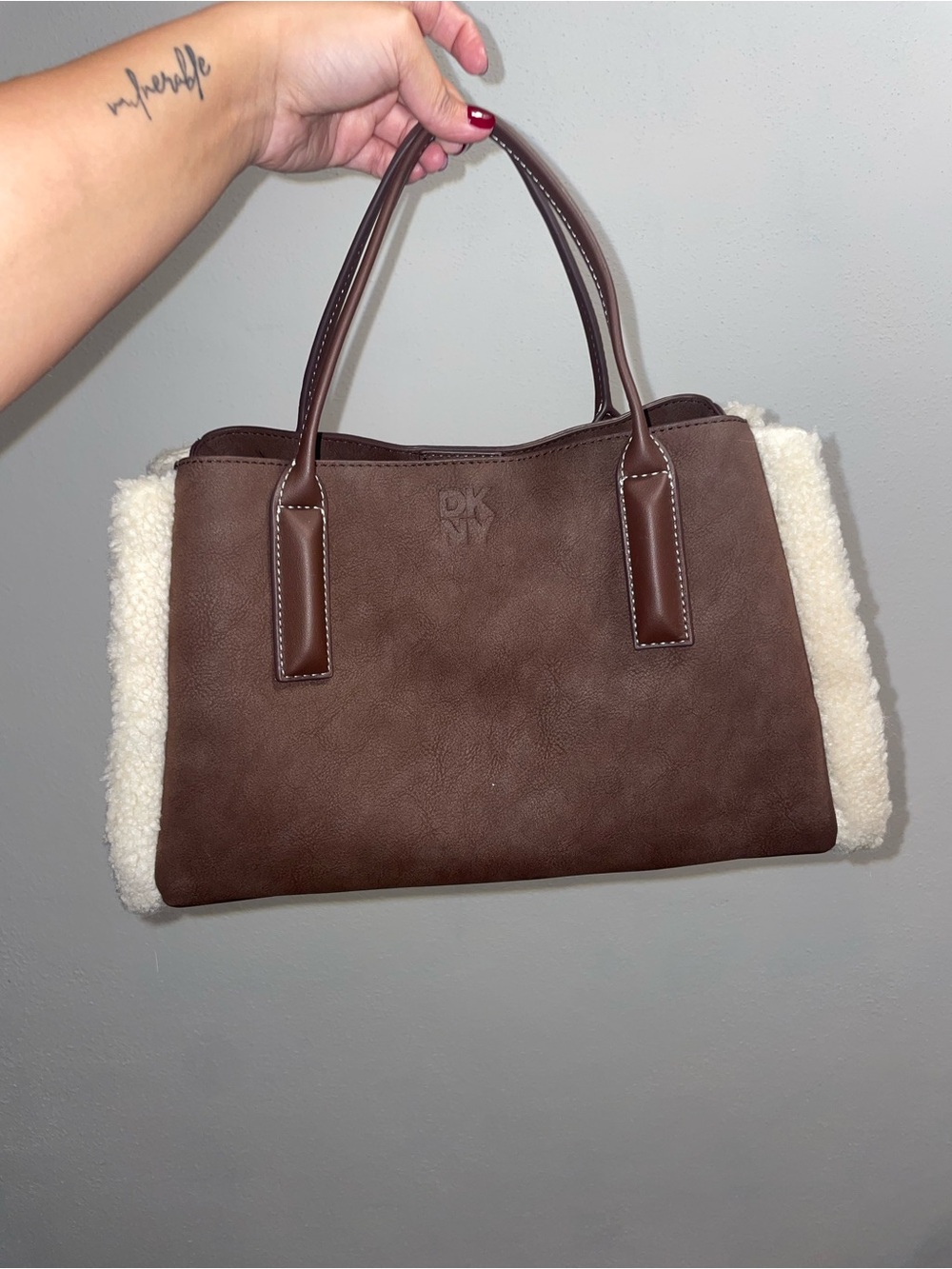 DKNY Brown Tote with Cream Shearling Trim